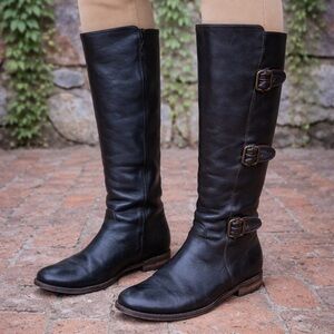 FRYE Brown Leather Paige Tall Buckle Boots, 6.5B